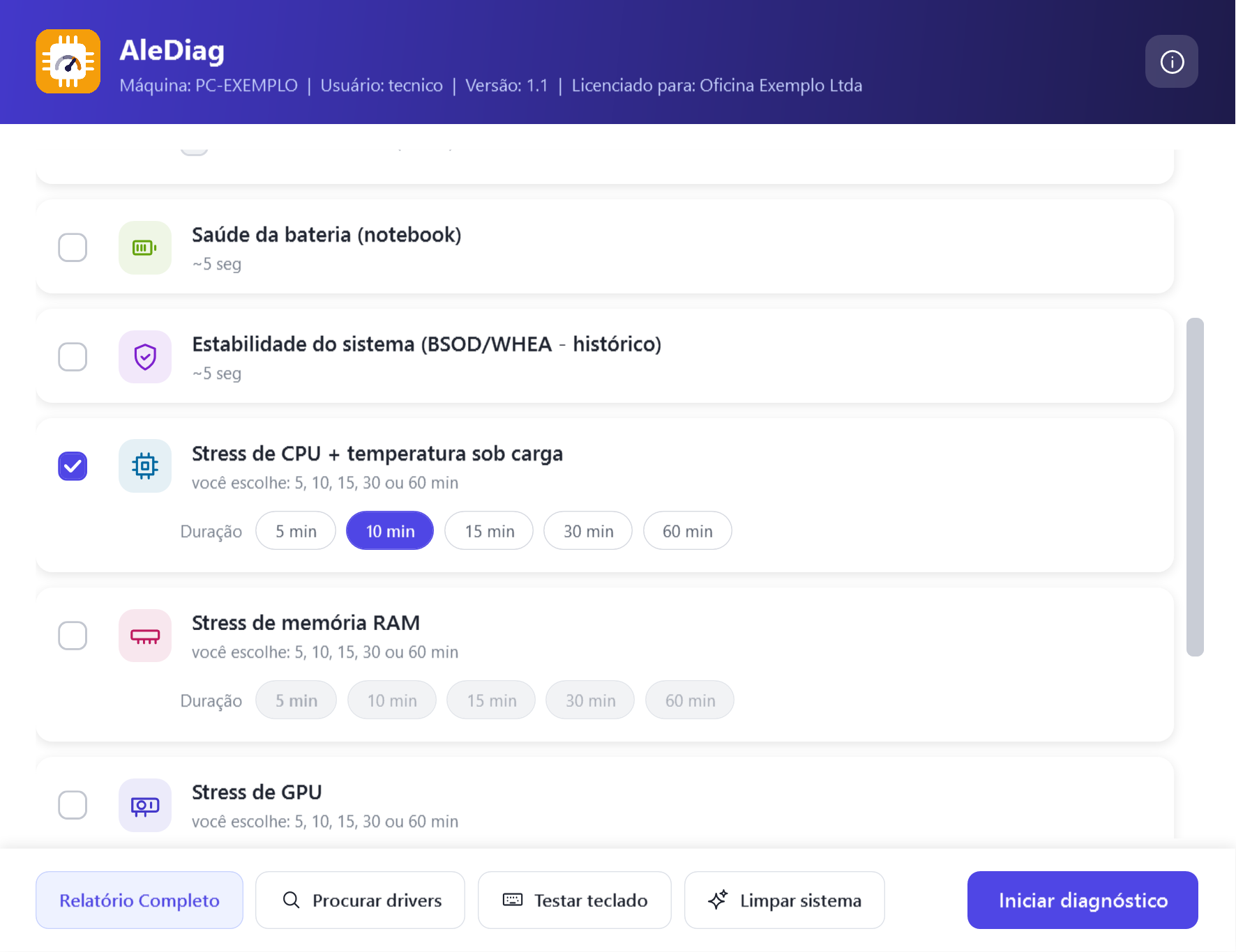 Tela de testes de estresse do AleDiag com duração configurável