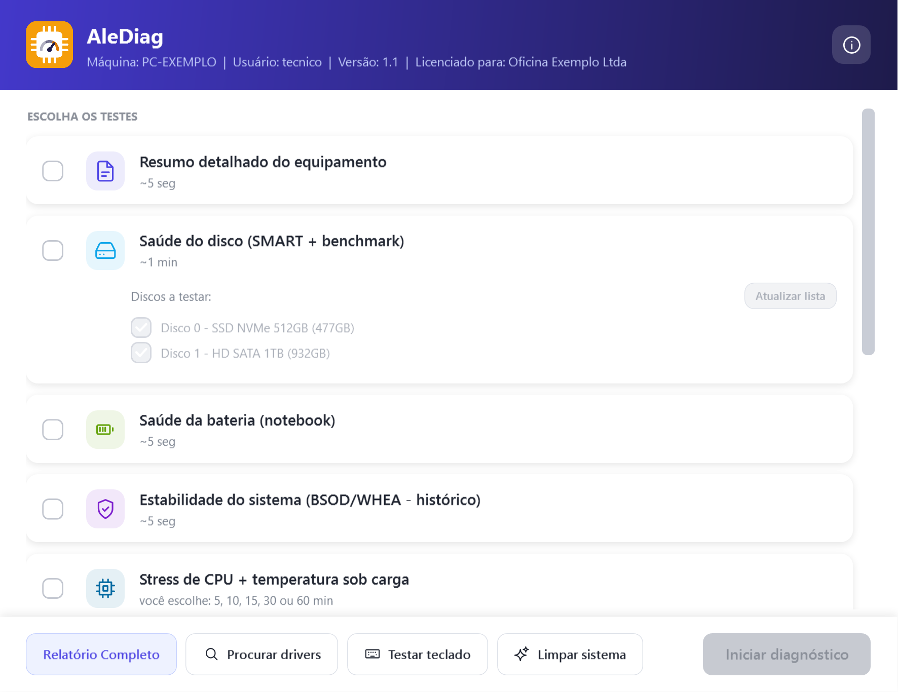 Tela principal do AleDiag com a lista de testes disponíveis
