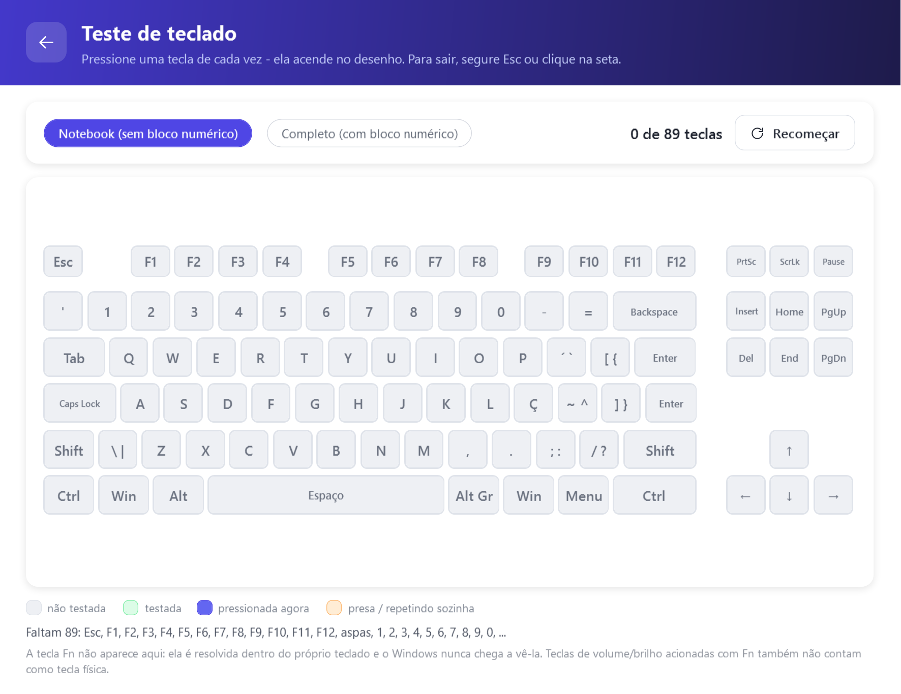 Tela de teste de teclado do AleDiag mostrando o layout ABNT2
