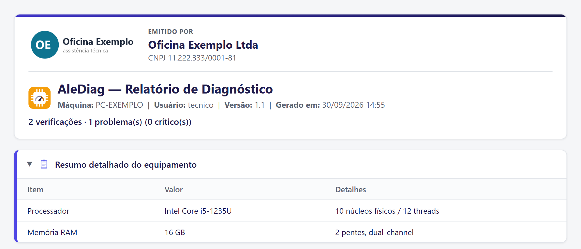 Topo de um laudo do AleDiag